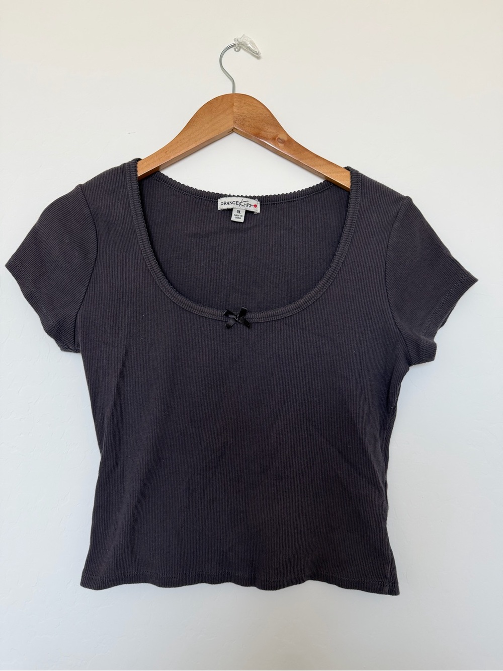Orange Kiss Black Ribbed Scoop Tee with Front Bow